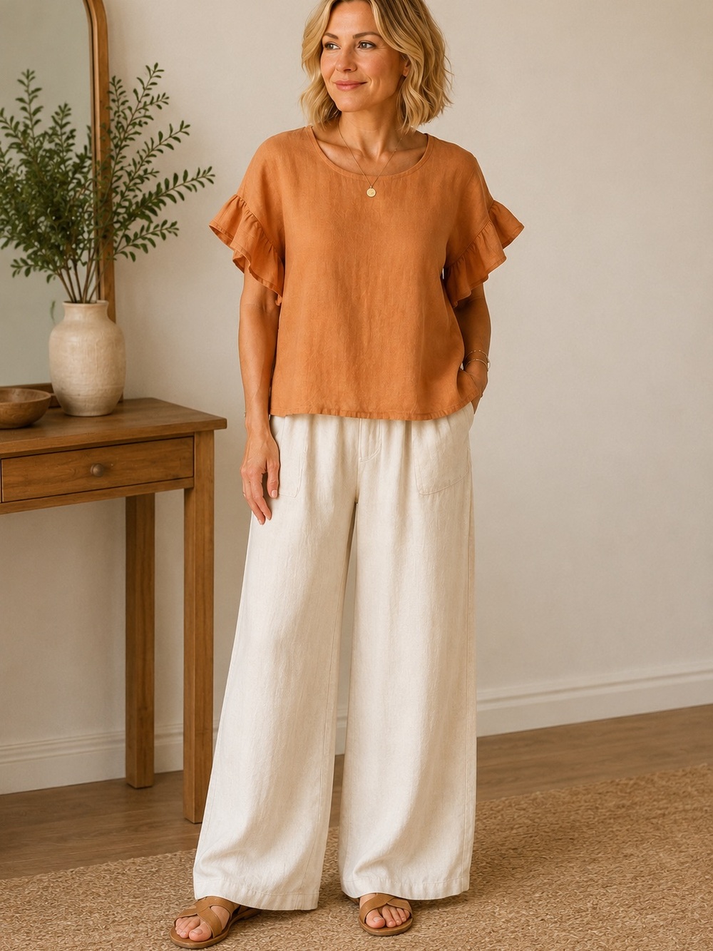 Apricot Linen Look Ruffle Flutter Sleeve Boxy Top Boho